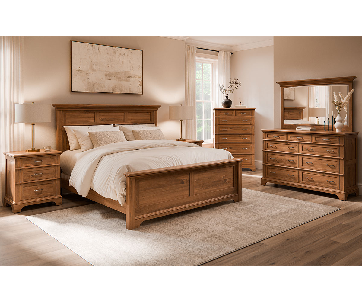 Elite Woodworking-Plymouth-Cutout Base-Collection-Room Setting-Brown Maple-Almond-FINAL