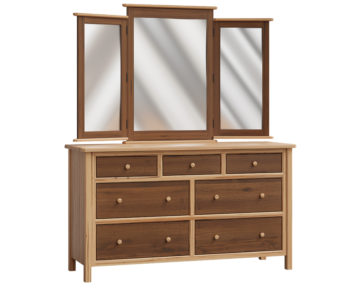 Cornwell-Standard Dresser-Tri View Mirror-Wormy Maple-Natural-Walnut-Natural